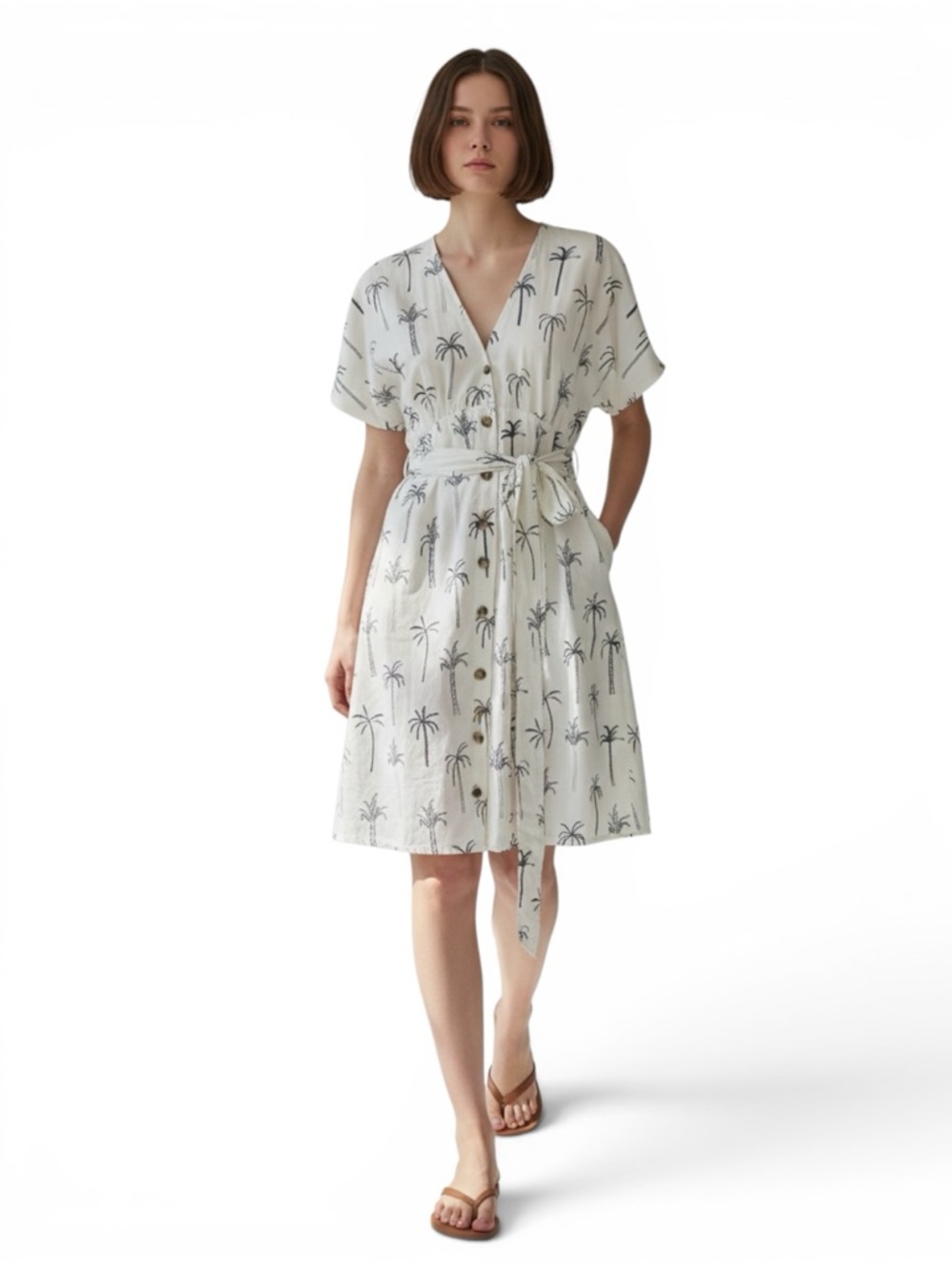 Marine Layer Palm Print Mini Dress S Button Front Tie Waist Coastal Beachy